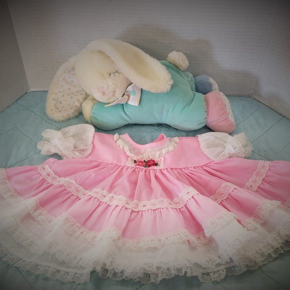 ❤ Sweetest vintage Easter pair ❤ Eden Musical Bunny Plush & Infant Lace Dress - Picture 2 of 3